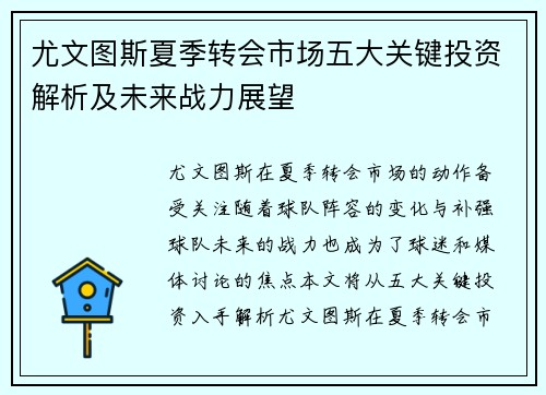 尤文图斯夏季转会市场五大关键投资解析及未来战力展望